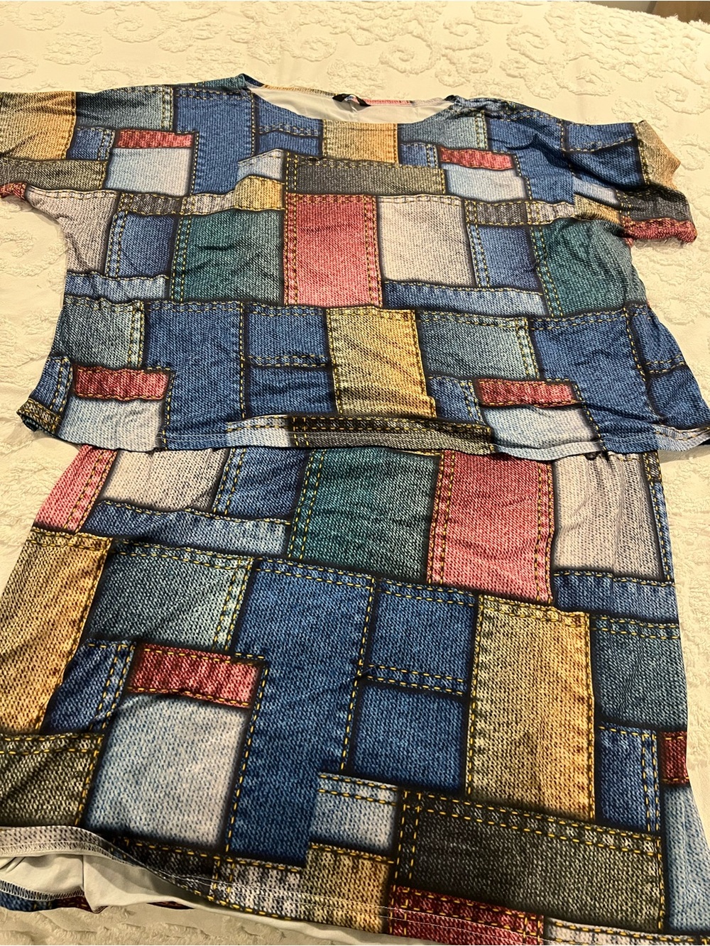 Chic Me Women’s Multi-Color Patchwork Print Jeans Tee and Skirt